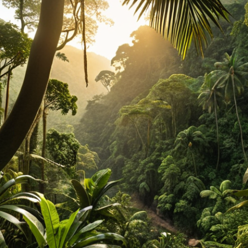 Home 4 **Image Prompt:** Lush Equatorial Guinean rainforest scene inside Monte Alén National Park, featuring monkeys in the canopy, exotic plants, and a hiking trail visible in the foreground. Golden hour lighting.