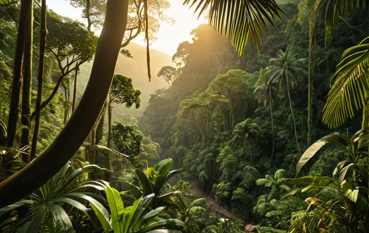 **Image Prompt:** Lush Equatorial Guinean rainforest scene inside Monte Alén National Park, featuring monkeys in the canopy, exotic plants, and a hiking trail visible in the foreground. Golden hour lighting.