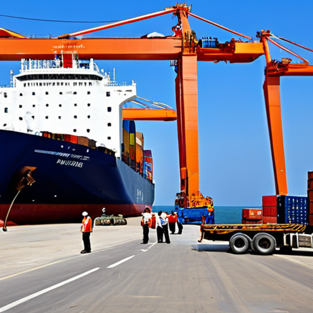 적도 기니와 중국의 경제 협력 - **
"A modern port scene in Äquatorialguinea with Chinese cargo ships unloading goods, showcasing in...