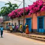 적도 기니와 가봉의 관계 - **Prompt:** A vibrant, sun-drenched street scene showcasing the unique blend of cultures in Central ...