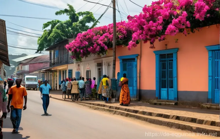 적도 기니와 가봉의 관계 - **Prompt:** A vibrant, sun-drenched street scene showcasing the unique blend of cultures in Central ...