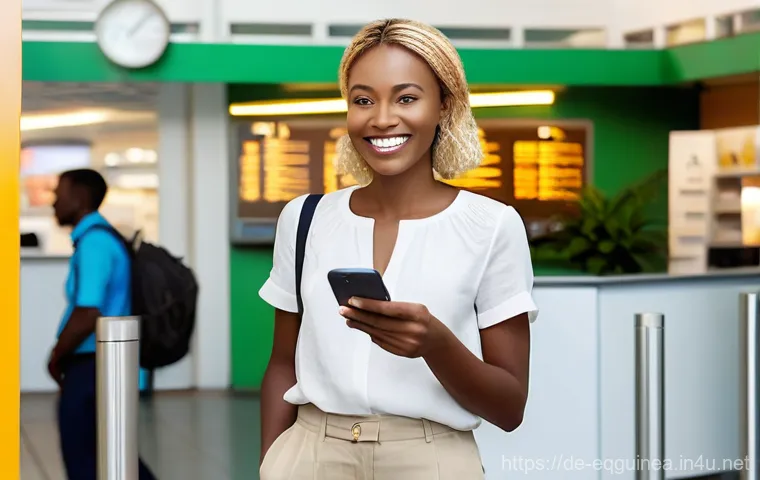 적도 기니의 모바일 네트워크 및 SIM 카드 사용법 - **A European traveler's relieved arrival and instant connection in Equatorial Guinea.**
A smilin...