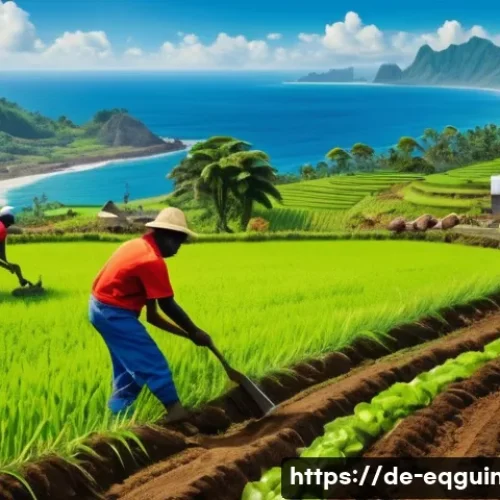 적도 기니의 노동 시장 및 일자리 전망 - A vibrant and detailed scene depicting a modern agricultural farm in Equatorial Guinea, showcasing y...
