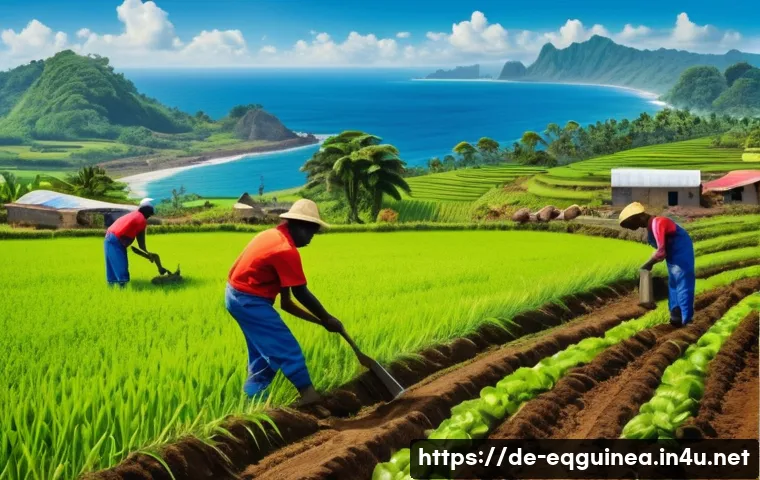 적도 기니의 노동 시장 및 일자리 전망 - A vibrant and detailed scene depicting a modern agricultural farm in Equatorial Guinea, showcasing y...