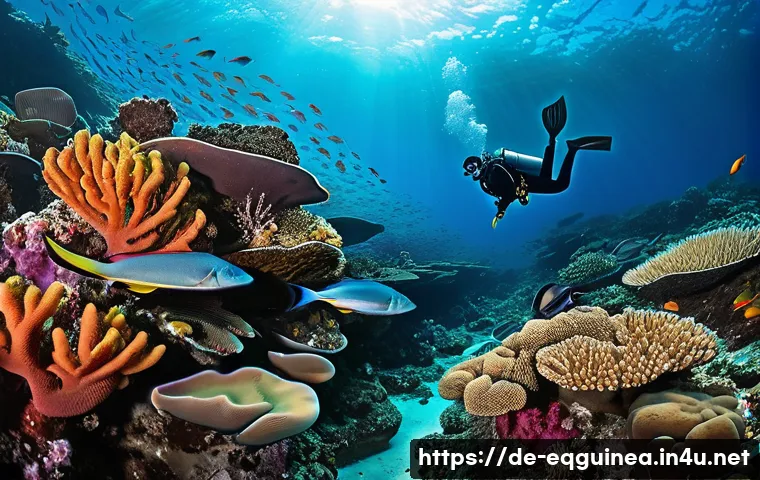 적도 기니의 해양 관광과 스쿠버다이빙 명소 - A serene underwater scene showing a lone diver exploring vibrant coral reefs off the coast of Bioko ...