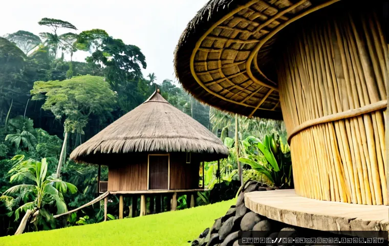 적도 기니의 전통 건축 양식 - Photorealistic traditional Fang village architecture in mainland Equatorial Guinea, a circular earth...