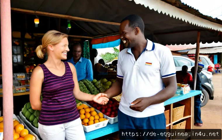 적도 기니에서 현지인과 소통하는 팁 - Photorealistic travel communication scene in Malabo, Equatorial Guinea, a German-speaking European v...
